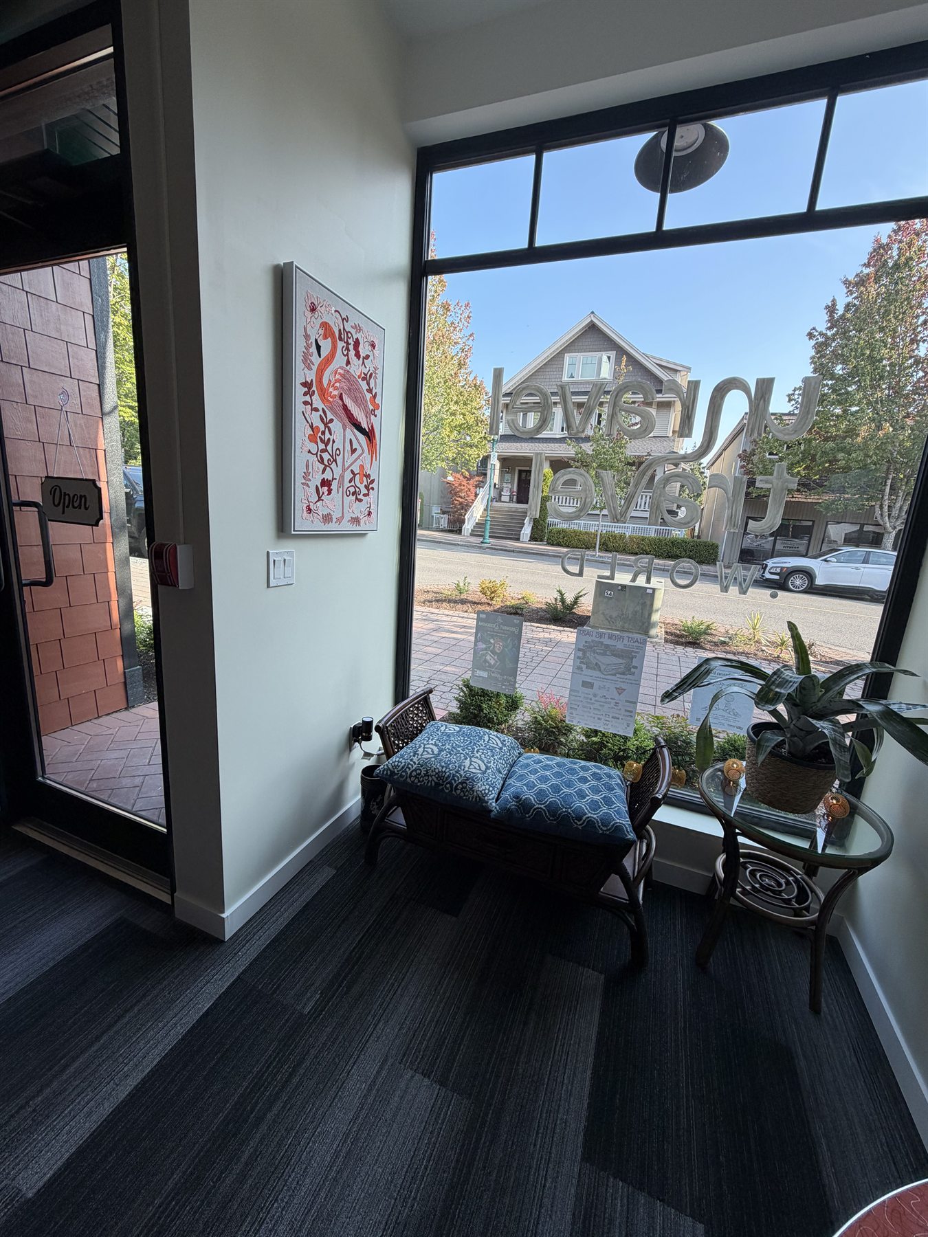 Inside the Unravel Travel space in Qualicum Beach