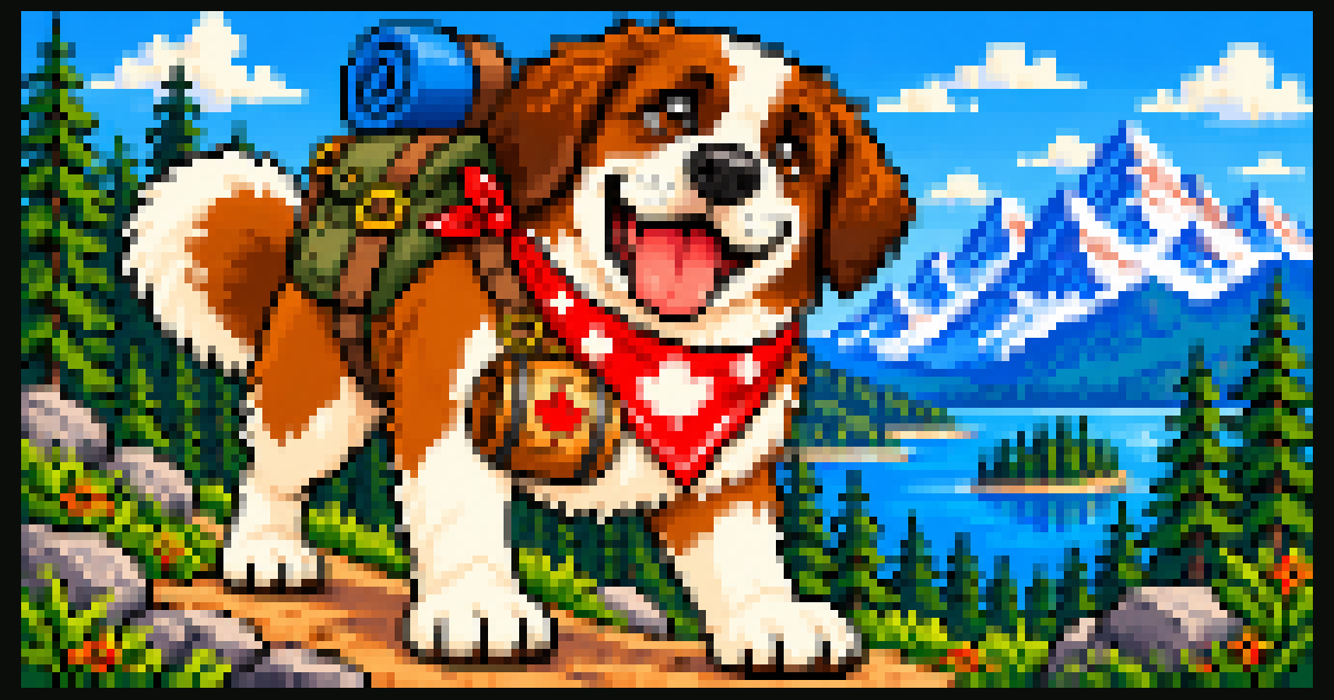 Rova, illustrated as a St. Bernard with a travel pack and a red maple-leaf bandana, on a mountain trail.