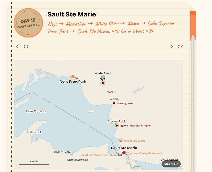 A day page from a member trip, showing the route map, drive time, and stops for one day of driving.